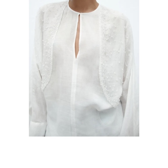 ZARA WOMAN RAMIE BLOUSE WITH EMBROIDERY OYSTER WHITE 4786/104 XS - Picture 4 of 7